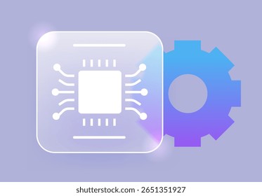 Glass morphism computer chip setting icon. Technology artificial intelligence service vector symbol