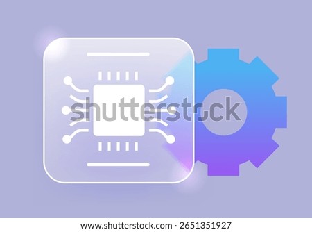Glass morphism computer chip setting icon. Technology artificial intelligence service vector symbol