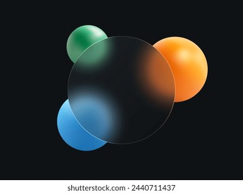 Glass morphism concept with 3D colored spheres. Frosted glass effect. Illustration on a black background.