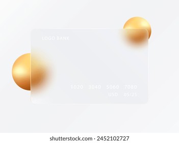 Concept de morphisme de verre avec sphères dorées 3D. Effet de verre dépoli. Carte bancaire transparente.