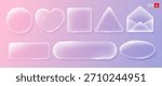 Glass morphism concept. 3D liquid glass design elements, circle, square, triangle, heart, envelope, rectangle, ellipse. Buttons are made of matte translucent glass with sparkling edges. Vector