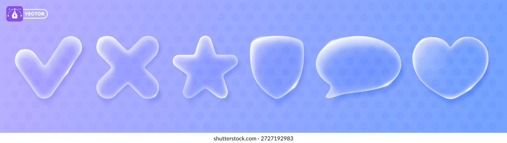 Concepto de morfismo de vidrio. Elementos de diseño de vidrio líquido 3D, garrapata, cruz, estrella, escudo, burbuja de discurso y corazón. Los Botones están hechos de vidrio translúcido mate con bordes brillantes. Ilustración vectorial