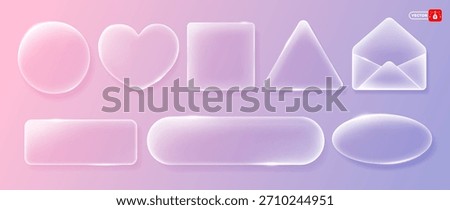 Glass morphism concept. 3D liquid glass design elements, circle, square, triangle, heart, envelope, rectangle, ellipse. Buttons are made of matte translucent glass with sparkling edges. Vector