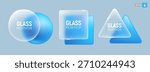 Glass morphism concept. 3D modern design elements, blue sphere, square, triangle. Same geometric shapes are made of matte translucent glass with sparkling edges. Frosted glass effect. Vector