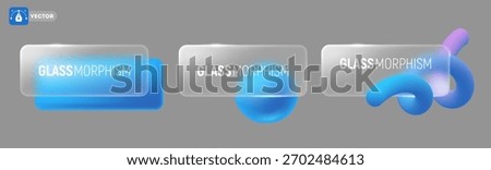 Glass morphism concept. 3D Modern design elements set with blue sphere, rectangle and futuristic line. Matte transparent rectangle with rounded corners. Frosted glass effect. Vector illustration