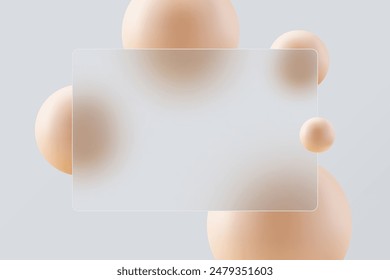 Glass morphism concept banner with floating spheres. Transparent glass effect.
