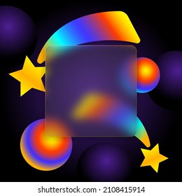 Glass morphism concept with comets, stars and balls. Soft matte transparency glass effect vector.