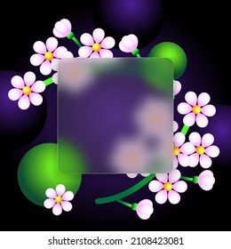 Glass morphism concept with flowering branches and green balls. Soft matte transparency glass effect vector.