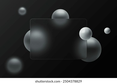 Glass morphism concept with spheres. Frosted glass effect on dark background.