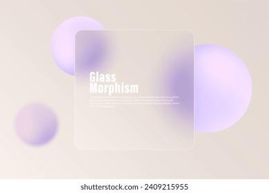 Glass morphism concept square banner with colorful floating spheres. Frosted glass effect.