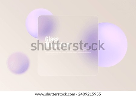 Glass morphism concept square banner with colorful floating spheres. Frosted glass effect.
