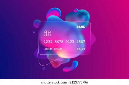 Glass morphism credit card template. Plastic rectangle of transparent plastic with blur effect. Liquid shapes morphism abstract art.