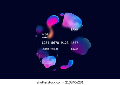 Glass morphism credit card template. Plastic rectangle of transparent plastic with blur effect. Liquid shapes morphism abstract art.