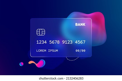 Glass morphism credit card template. Plastic rectangle of transparent plastic with blur effect. Liquid shapes morphism abstract art.