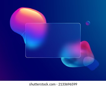 Glass morphism credit card template. Plastic rectangle of transparent plastic with blur effect. Liquid shapes morphism abstract art.