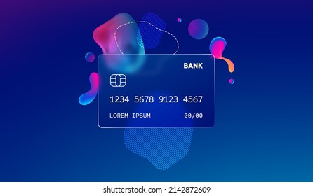 Glass morphism credit card template. Plastic rectangle of transparent plastic with blur effect. Liquid shapes morphism abstract art.