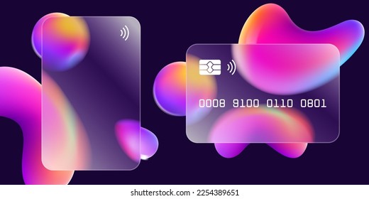 Glasmorphismus Kreditkartenvorlage mit schwimmenden mehrfarbigen Regenbogenformen. Transparenter Kunststoff mit unscharfer Wirkung. Digital Banking Payment Screen mit Glas Overlay Effekt auf flüssige Farbverlauf-Kugeln.