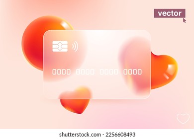 Glass morphism credit card template with floating red hearts. Transparent plastic with blur effect. Digital banking screen for buying on Valentine's Day or wedding. Vector for medical art, health app.