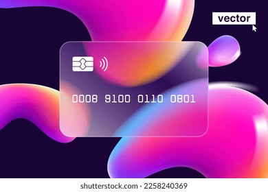 Glass morphism credit card template with floating multicolor rainbow shapes. Transparent plastic with blur effect. Digital banking payment screen with glass overlay effect on liquid gradient spheres.