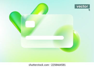 Glass morphism credit card template with floating checkmark icon and sphere. Transparent eco plastic with blur effect. Digital banking screen for online payment, business, and advertising banners.