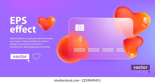 Glass morphism credit card template with floating red hearts. Transparent plastic with blur effect. Digital banking screen for buying on Valentine's Day or wedding. Vector for medical art, health app.