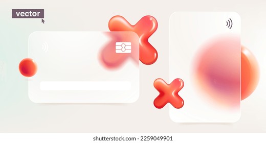 Glass morphism credit card template with rejection icon in glassmorphism style. Digital banking screen. 3D cross, no, error, block, disapprove, cancel, prohibition, wrong choice, negative, deny logo.