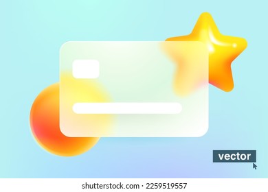 Glass morphism credit card template with floating gold star icon and sphere. Transparent plastic with blur effect. Digital banking screen for best online payment, favorite business transaction.
