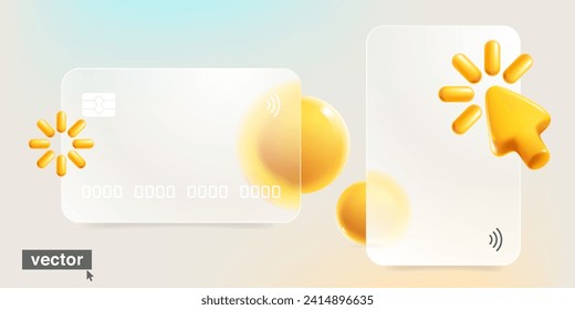 Glass morphism credit card template with realistic 3D cursor and spheres. Transparent plastic template with loading icon. Online banking payment with glass overlay effect. Vector cartoon illustration.