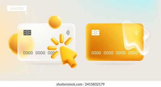 Glass morphism credit card template with realistic 3D cursor and spheres. Transparent plastic template with loading icon. Online banking payment with glass overlay effect. Vector cartoon illustration.