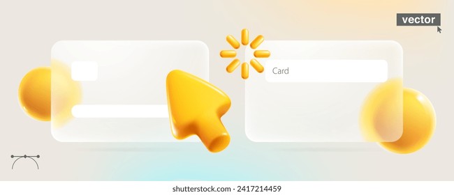 Glass morphism credit card template with realistic 3D cursor and spheres. Transparent plastic template with loading icon. Online banking payment with glass overlay effect. Vector cartoon illustration.