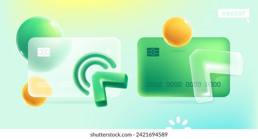 Glass morphism credit card template with realistic 3D triangle cursor and spheres. Transparent plastic template and loading icon. Online banking payment with glass overlay. Vector cartoon illustration