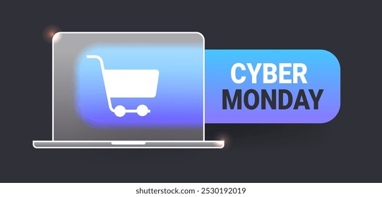 Morfismo de vidrio Cyber Monday Botón portátil sobre fondo oscuro. Barra de venta de Vector