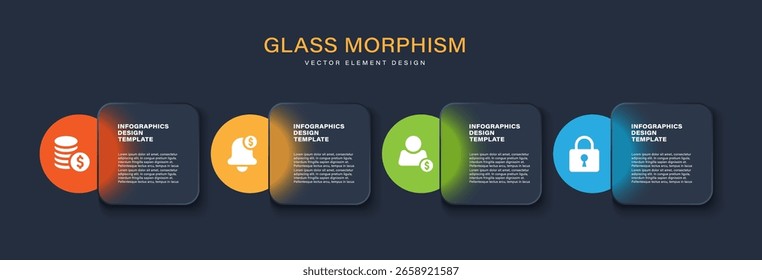 Morfismo de vidrio Plantilla de infografía de Vector oscuro con procesos de 4 pasos. Diseño de infografía de negocios y marketing