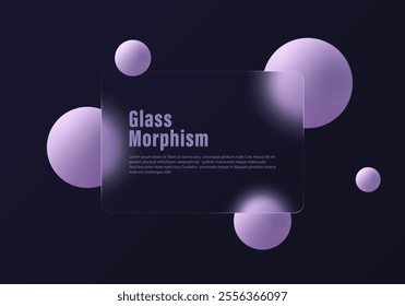 Glass morphism design with frosted glass and floating blue spheres spheres on a dark background.