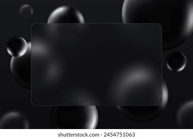 Glass morphism design template. 3d black spheres and transparent panel. Dark background.