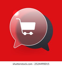 Glass morphism dialogue chat with shopping cart on red background. Sale time vector symbol