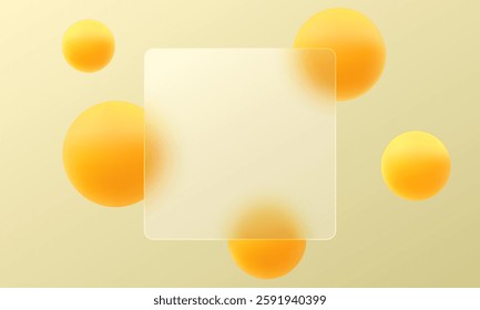 Glass morphism, display background. Composition from a matte transparent plate with spheres.