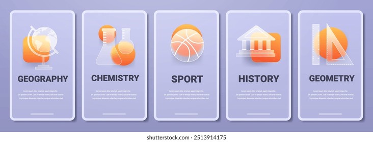 Morfismo de vidro disciplinas educacionais páginas de aplicativo vertical. Conjunto de modelos de disciplinas escolares vetoriais
