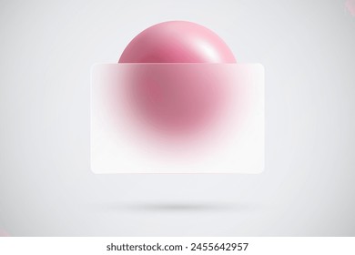 Glass morphism effect. Bank card or banner made of transparent frosted glass with a pink sphere.