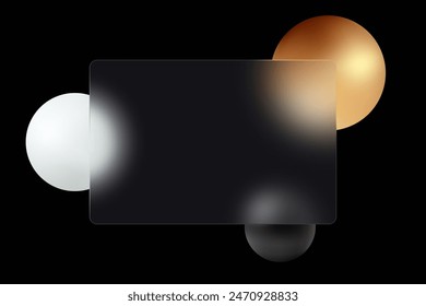 Glass morphism effect. Bank card made of transparent frosted glass. White, black and gold sphere on a black background.