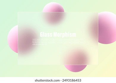 Glass morphism effect. Bank card or banner made of transparent glass with pink spheres.
