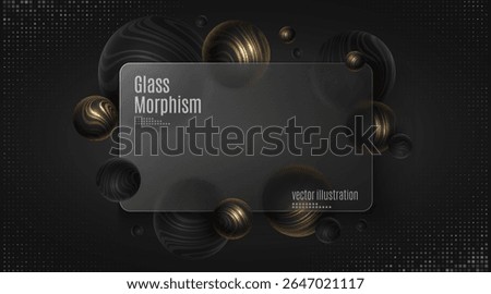Glass morphism effect and decorative 3D spheres textured with golden striped wavy pattern on black background. Premium gift card design for product display or digital interfaces. Vector illustration.