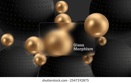 Glass morphism effect. Gold gradient circles on black background. Realistic glass morphism matte plexiglass shape. Vector illustration