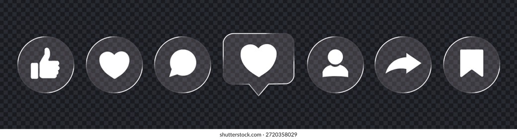 Glass morphism effect modern social media interface icon set vector. Like, love, heart, thumb up, repost, comment, share, save, stories user button symbol. vector illustration.
