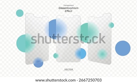 Glass morphism effect on smartphone screens with blurry spheres. Transparent glass effect, vector design, modern UI element, PNG