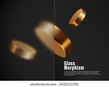 Glass morphism effect. Rectangular banner made of transparent frosted glass. Golden round shapes on a black background.