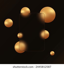 Glass morphism effect. Rectangular banner made of transparent frosted glass. Golden spheres on a black background.