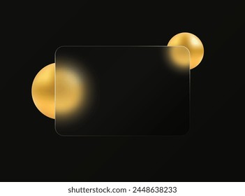 Glass morphism effect. Rectangular banner made of transparent frosted glass. Golden spheres on a black background.