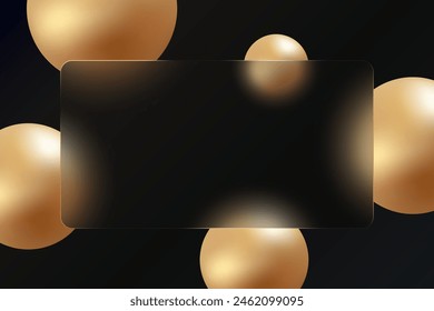 Glass morphism effect. Rectangular banner made of transparent frosted glass. Golden spheres on a black background.