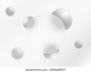 Glass morphism effect. Round banner made of transparent glass. Silver colored 3D spheres on a gray background.